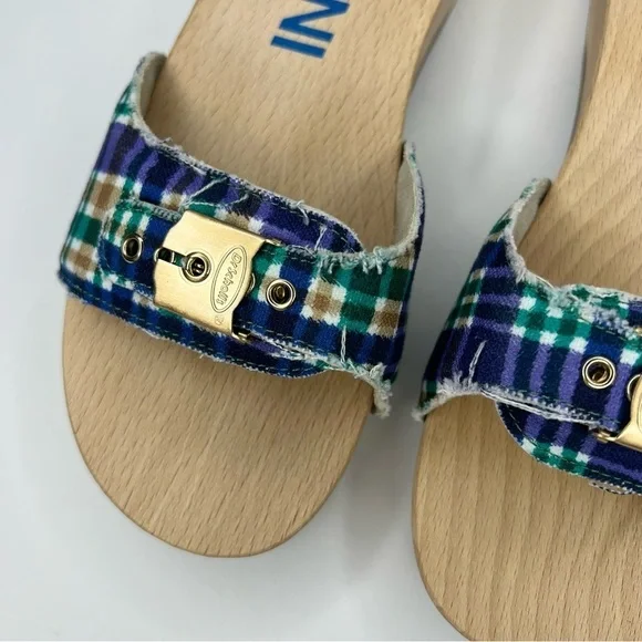 GANNI x Dr. Scholl's Blue Plaid Buckle Wooden Clog Slides Sandals Retro NEW - Picture 9 of 14